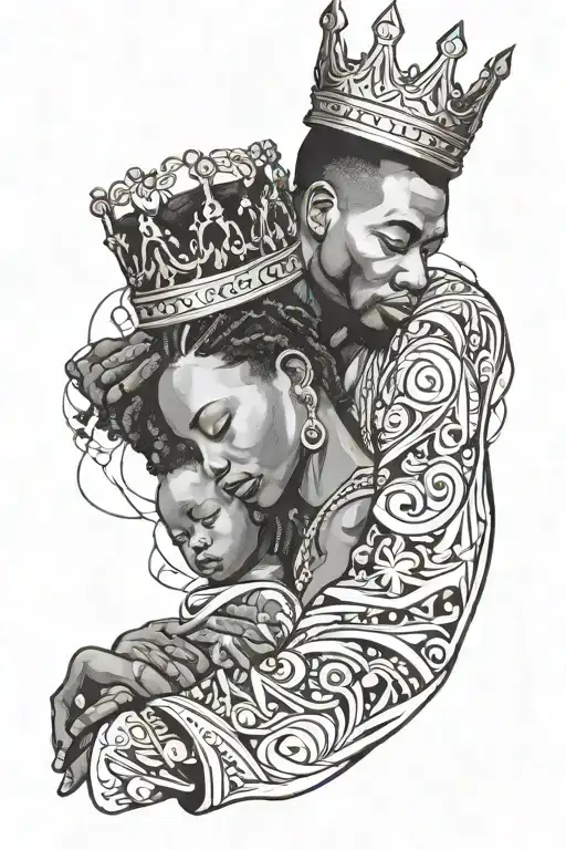 A Young Black African-american King With A Gold Crown Holding A Baby Girl Looking Down Crying