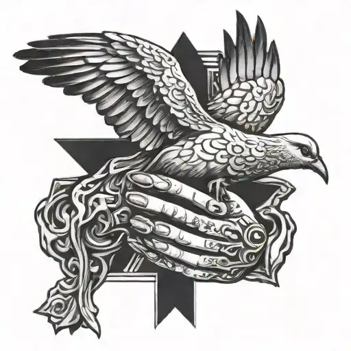 Incorporate A Detailed Image Of Praying Hands With A Cross And A Dove Symbolizing The Holy Spirit