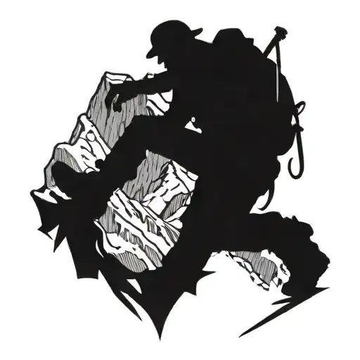 Mountaineer Climbing Mountain Peak With Ice Axe In Hand And Crampons On His Boots