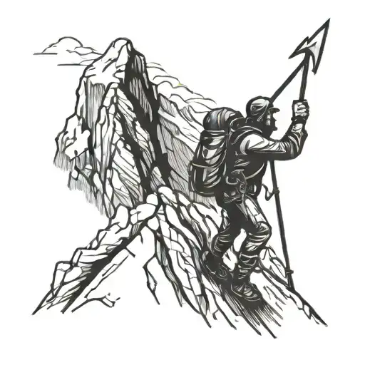 Mountaineer Climbing Mountain Peak With Ice Axe In Hand