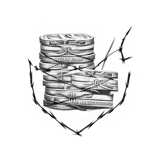 A Stack Of Money With Barbed Wire Wrapped Around It