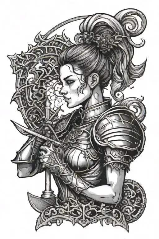 Female Knight With A Ponytail Holding A Sword With The Scales Of Justice
