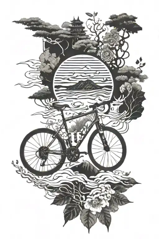 Road Bicycle Surrounded By Nature Elements And Chinese Writing