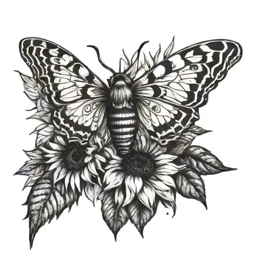 Big Side Profile Of Moth Symmetric With Sunflowers Growing Upwards Facing The Sun