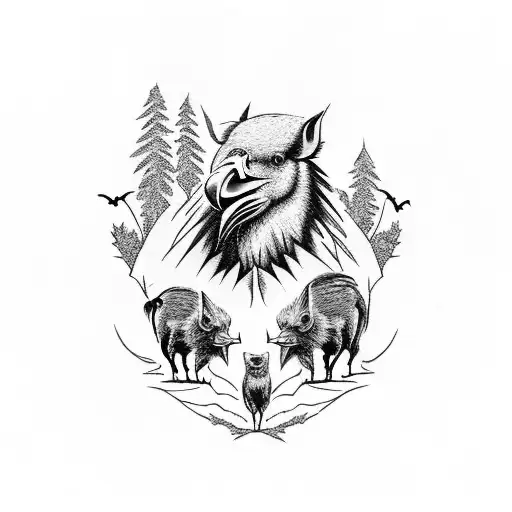 Raven With Boar Family In The Wood With Lake