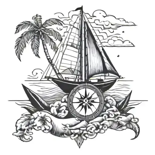 A Tropical Boat Sailing On The Ocean With A Compass In The Foreground