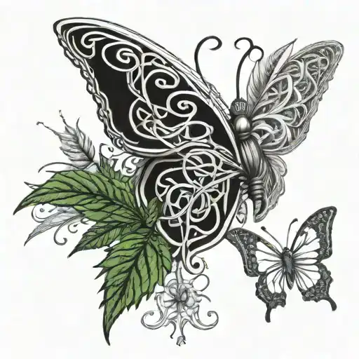 Celtic Knot Intertwined With Marijuana Leaves And Butterfly Wings