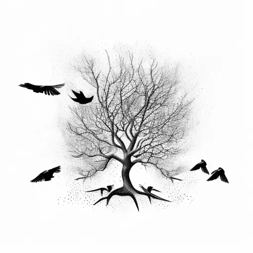 Large Black Tree With A Flock Of Black Birds Flying Out Of The Tree