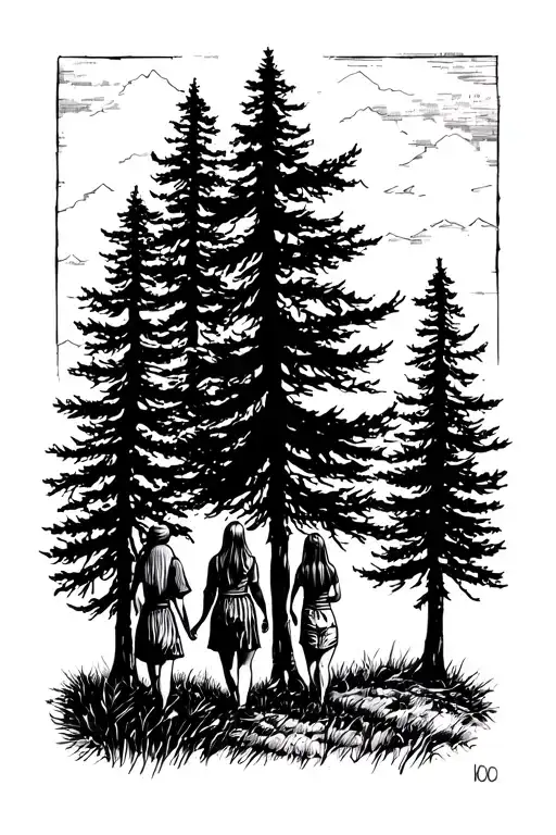 Country Mountains Man Lady 3 Girls Walking Away Tall Trees