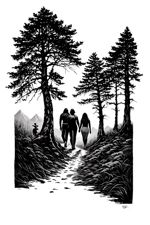 Country Mountains Dad Mum Daughters Walking Away Tall Trees