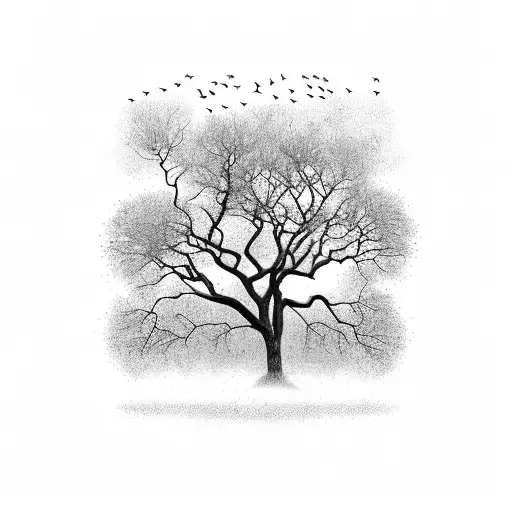 Large Black Tree With A Flock Of Black Birds Flying Out Of The Tree In A Loose Line