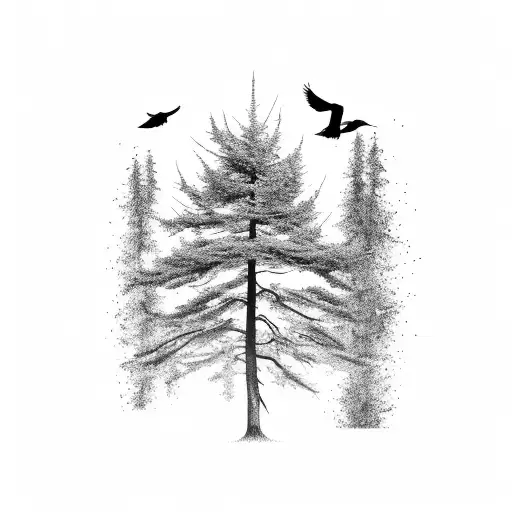Large Black Pine Tree With A Flock Of Black Birds Flying Out Of The Tree In A Loose Line
