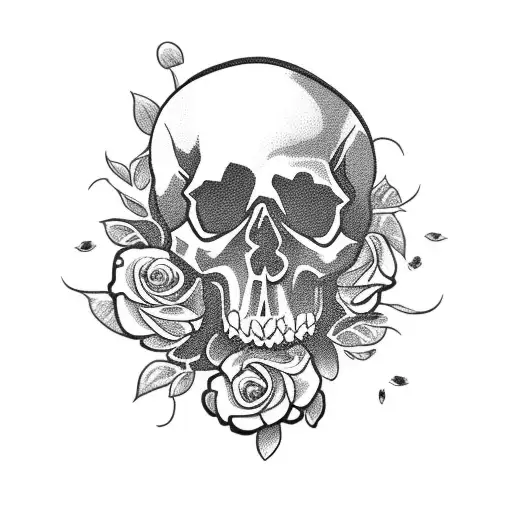 Skull Surrounded By Roses And Blood Orchids