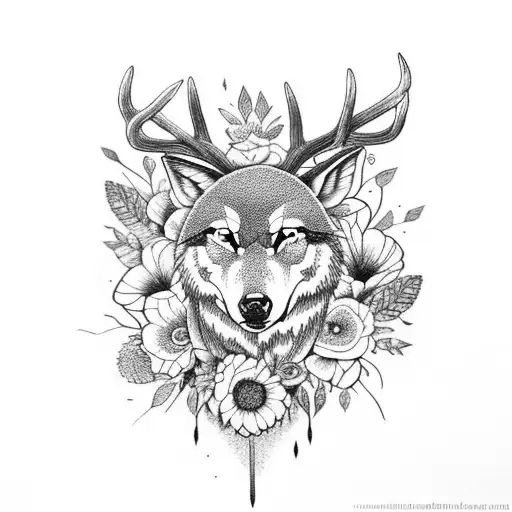 A Deer And A Wolf With Flowers Surrounding Them