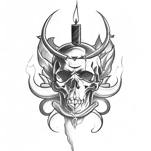 A Devil Holding A Latin Scroll With A Skull And Candles In The Background