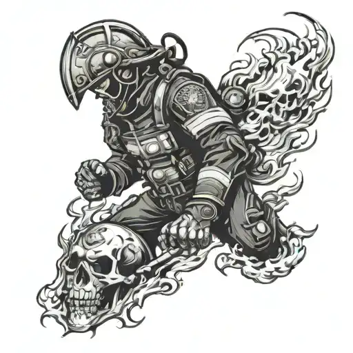 A Demonic Firefighter Battling Flames With A Skull Helmet