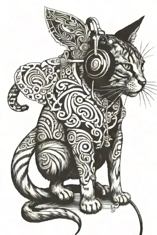 A Standing Cat With Headphones Listening To Music