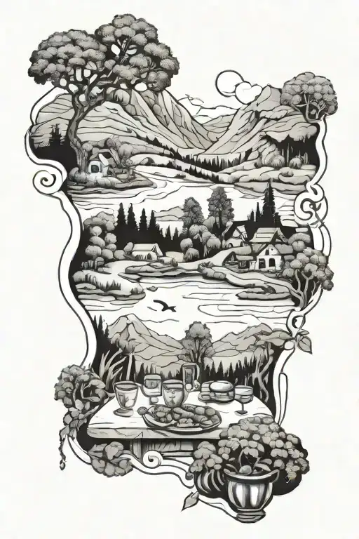 A Valley With A Pasture Water And A Feast On A Table