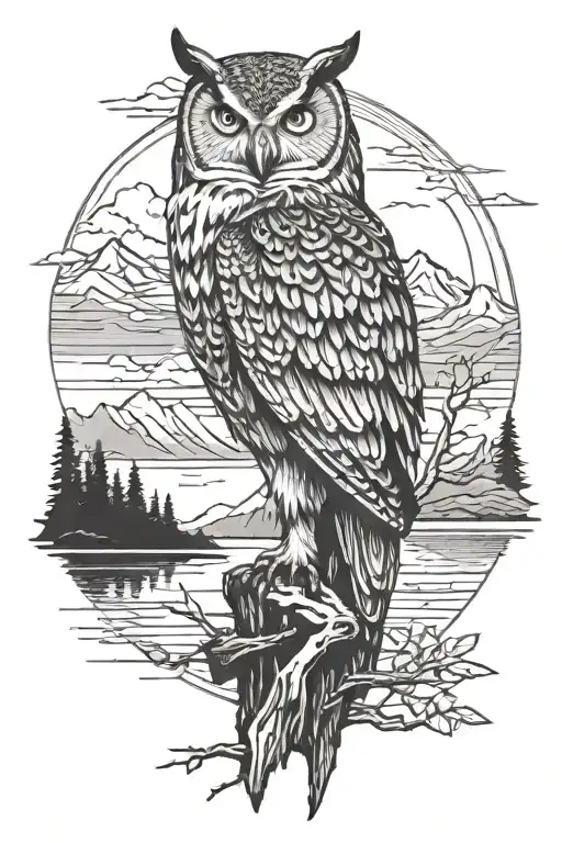 A Majestic Owl Perched On A Mountain Peak Overlooking A Tranquil Lake