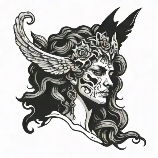 Stone Medusa Statue Sad With Crack Combinated With Skeleton With Angel Wings Hugging Her