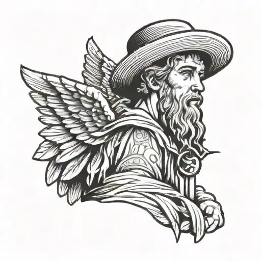 Outline Tattoo Of A Beardless Male Angel With Wings And Wearing A Straw Farmer's Hat