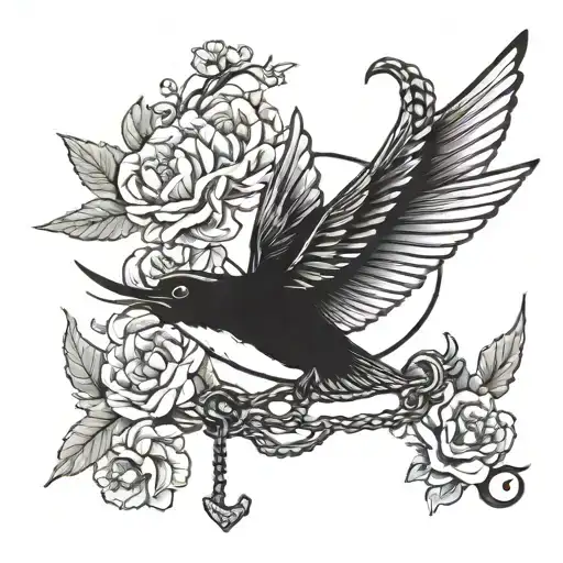 Anchor & Chain Swallow Bird With Flower