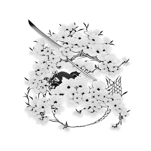 Aesthetic Japanese Katana And Sakura Blossom With Many Black Lightenings