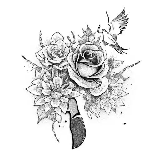 A Blackwork Tattoo Of A Knife Surrounded By Flowers And Birds In A Gothic Style