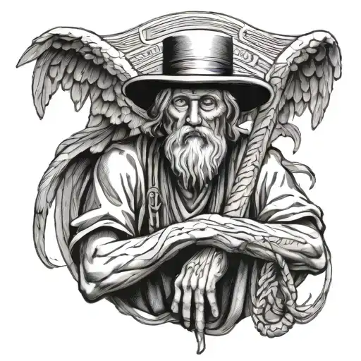 Old But Wise Male Angel With Wings And Wearing A Peasant's Straw Hat