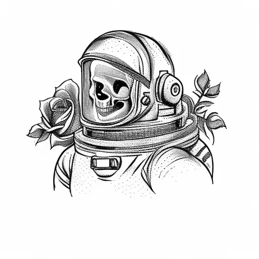 A Skull Of An Astronaut In Space Helmet And Roses