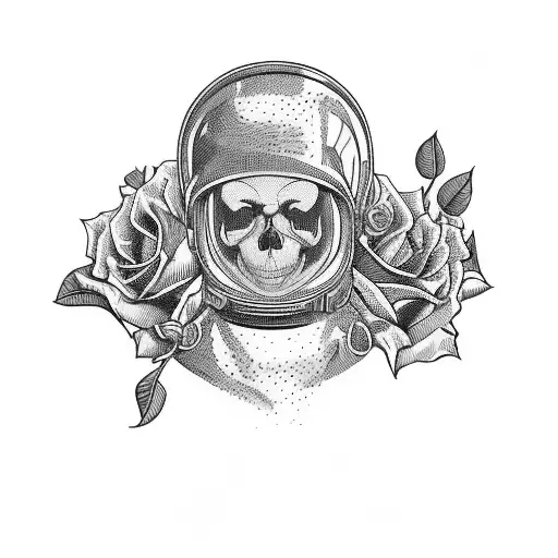 A Skull Of An Astronaut In Space Helmet And Roses