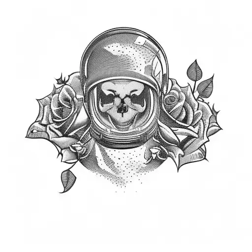 A Skull Of An Astronaut In Space Helmet And Roses With Planets And Stars In The Background