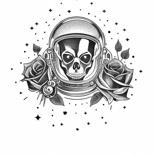 A Skull Of An Astronaut In Space Helmet And Roses With Planets And Stars In The Background