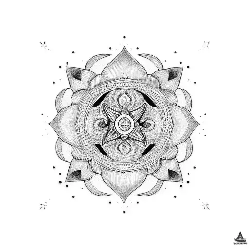 A Blackwork Tattoo Of A Tribal-inspired Sisterhood Symbol Incorporating Elements Of Lotus And Fungus