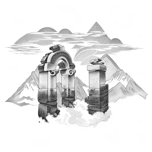 Two Roman Columns With Mountain And Clouds In The Background