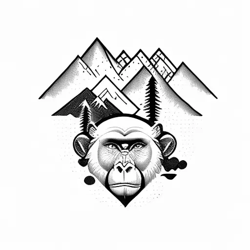 A Majestic Mountain Range With A Family Of Primates Climbing The Peaks