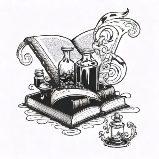 A Magical Book With Swirling Pages And Potion Bottles Intertwined In The Design