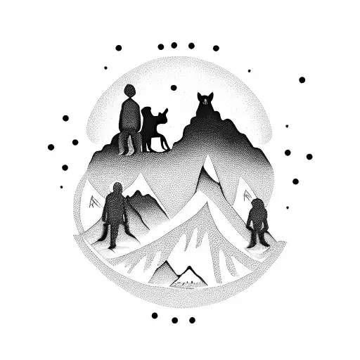 A Silhouette Of Your Family And Dog On A Mountain Range