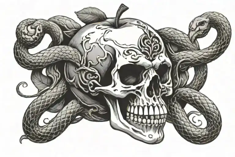 Skull In The Shape Of An Apple Surrounded By A Snake With Its Mouth Aggressively Bent
