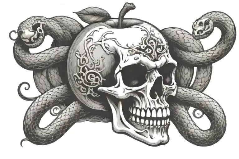 Skull In The Shape Of An Apple Surrounded By A Snake With Its Mouth Aggressively Bent
