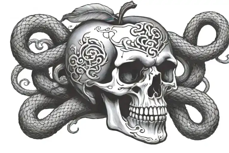 Skull In The Shape Of An Apple Surrounded By A Snake With Its Mouth Aggressively Bent
