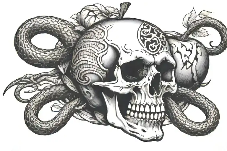 Skull In The Shape Of An Apple Surrounded By A Snake With Its Mouth Aggressively Bent