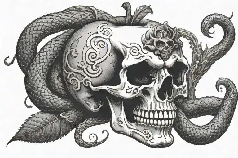Skull In The Shape Of An Apple Surrounded By A Snake With Its Mouth Aggressively Bent