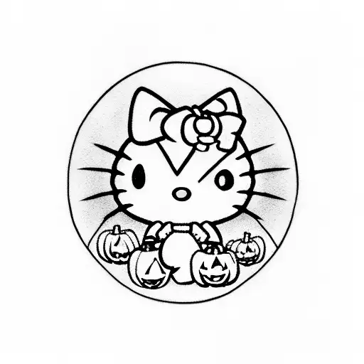 A Spooky Halloween-themed Hello Kitty Surrounded By Pink Pumpkins And Bats