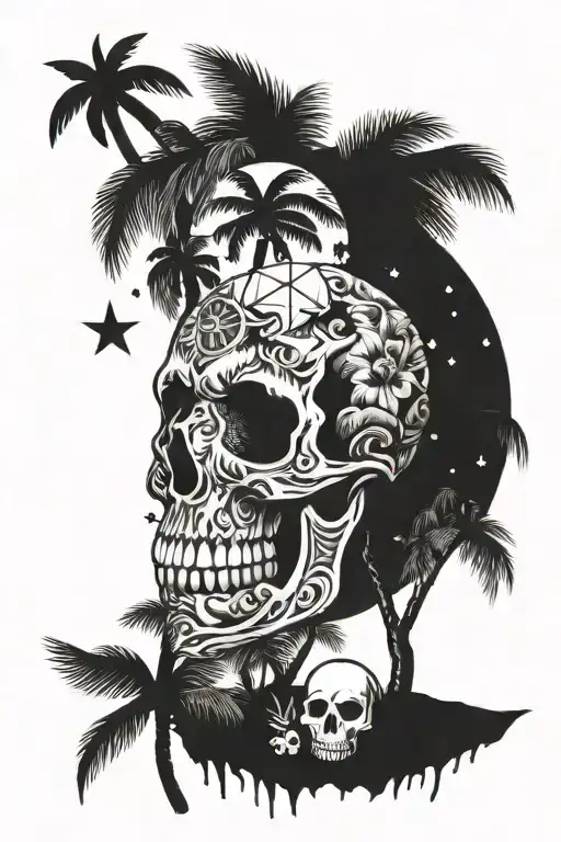 Skull Rosses Coconut Tree Stars Sun Setting