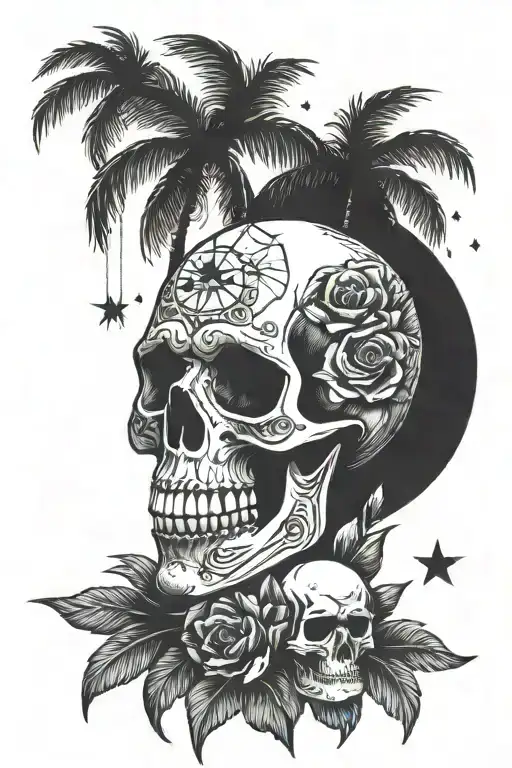 Skull Rosses Coconut Tree Stars Sun Setting Sun By The Sea