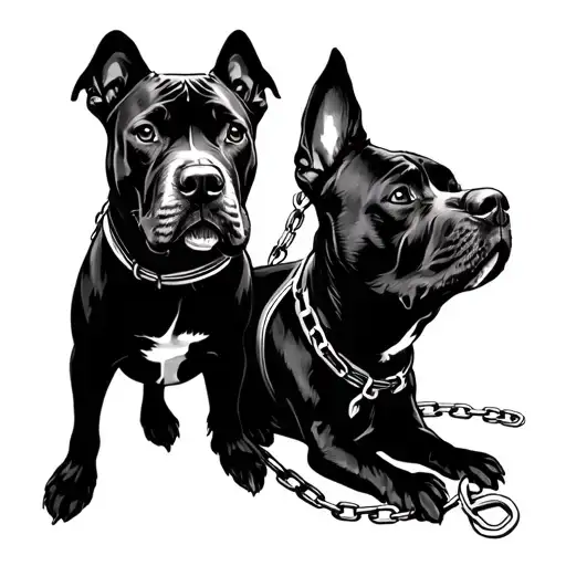 3 Black Pit Bulls With Chain Leashes Facing Front