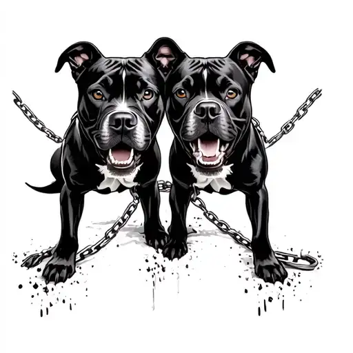 2 Intimidating Black Pit Bulls With Chain Leashes Facing Front Snarling