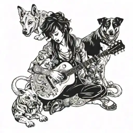 A Fierce Warrior Mother Playing A Guitar Surrounded By Loyal Dogs