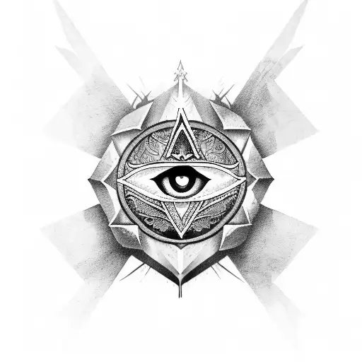 A Blackwork Tattoo Of The Assassin's Creed Insignia Combined With The Evil Eye Symbol